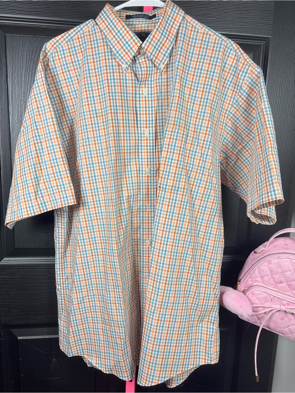 Short-Sleeve Plaid Button-Down Shirt in Orange & Blue